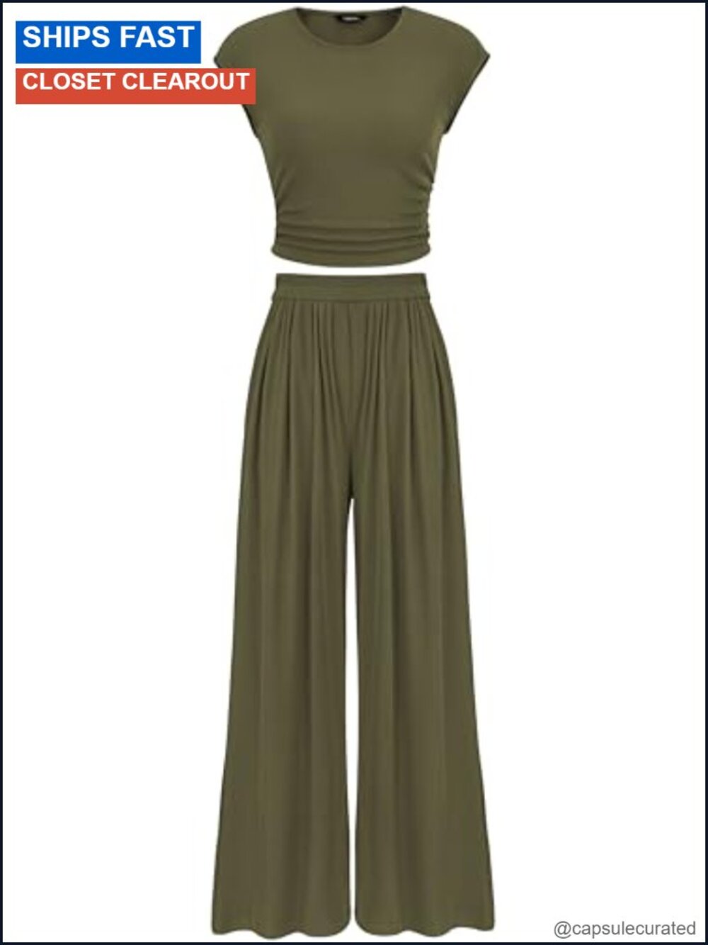 Ribbed Knit 2 Piece Lounge Set Cap Sleeve Crop Top Wide Leg Pants